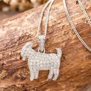 Animal Inspired Pendant, Round Cut Moissanite Diamond Goat Pendant, GOAT &quot;Greatest Of All Time&quot; Pendant For Men, 14K White Gold Pendant