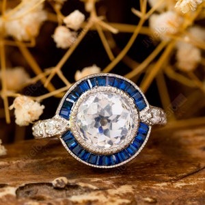 Anello edoardiano con pietra CZ taglio europeo antico, anello in stile vintage con alone di zaffiro, anello di fidanzamento con castone Milgrain, anello Art Déco vittoriano