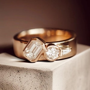 Drie stenen trouwring, damesring set multivorm geslepen moissaniet diamanten ring, 14K geelgouden voorstelring, verlovingscadeau voor haar