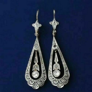 Antique Filigree Art Deco Drop Earring, Round Moissanite Diamond Dangle Drop Earring, Vintage Inspire Drop Earring, Anniversary Gift Earring