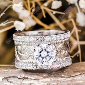 Round Moissanite Diamond Engagement Ring, Wedding Anniversary Gift, Vintage Inspire Statement Ring, Paisley Pattern Ring, Party Wear Ring