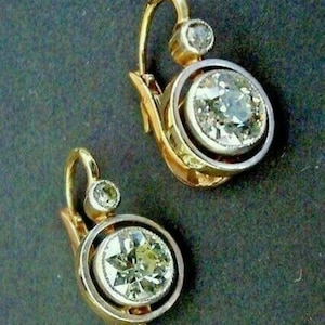 Two Stone Dangle Earring, Old European Cut Moissanite Diamond Drop Dangle Earring, Two Tone Gold Dangle Earring, English Lock Earring