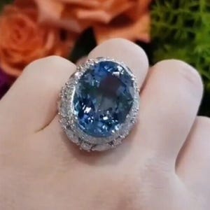 Blue Oval Cut CZ Stone Wedding Bridal Ring, Women&#39;s Halo Cocktail Ring, 925 Silver Party Wear Ring For Her,Sapphire Gemstone Engagement Ring
