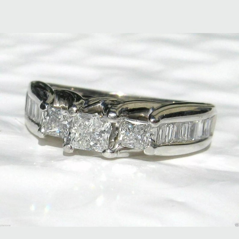 Three Stone Engagement Ring White Diamond Ring Princess /& Baguette Cut Diamond Ring Anniversary Diamond Ring For Women Wedding Gift