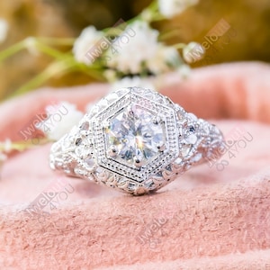 Anillo solitario vintage Inspire, anillo art déco con forma hexagonal de diamante de moissanita redondo, anillo de compromiso de boda, regalo de aniversario para esposa