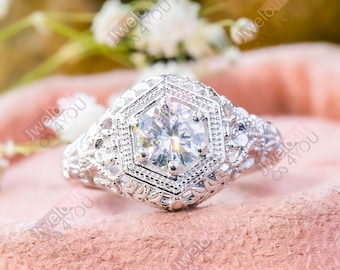 Vintage Inspire Solitaire Ring, Round Moissanite Diamond Hexagon Shape Art Deco Ring, Engagement Wedding Ring, Anniversary Gift For Wife