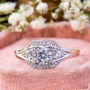 Vintage Inspirieren Verlobungsring, Ehering mit rundem Moissanit Diamant Drei Stein, Jubiläumsgeschenk Ring für Frau, minimalistischer Ring