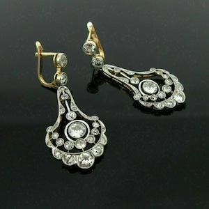 Two Tone Vintage Inspire Earring, Art Deco Drop Earring, Old European Cut Moissanite Diamond Wedding Earring, Christmas Gift Earring For Her