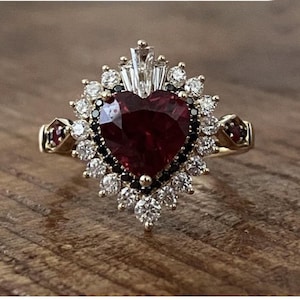 Red Garnet Heart Cut CZ Stone Ring, Sunburst Halo Wedding Ring, Engagement Proposal Ring For Her, 925 Silver Ring For Women, Birthday Gift