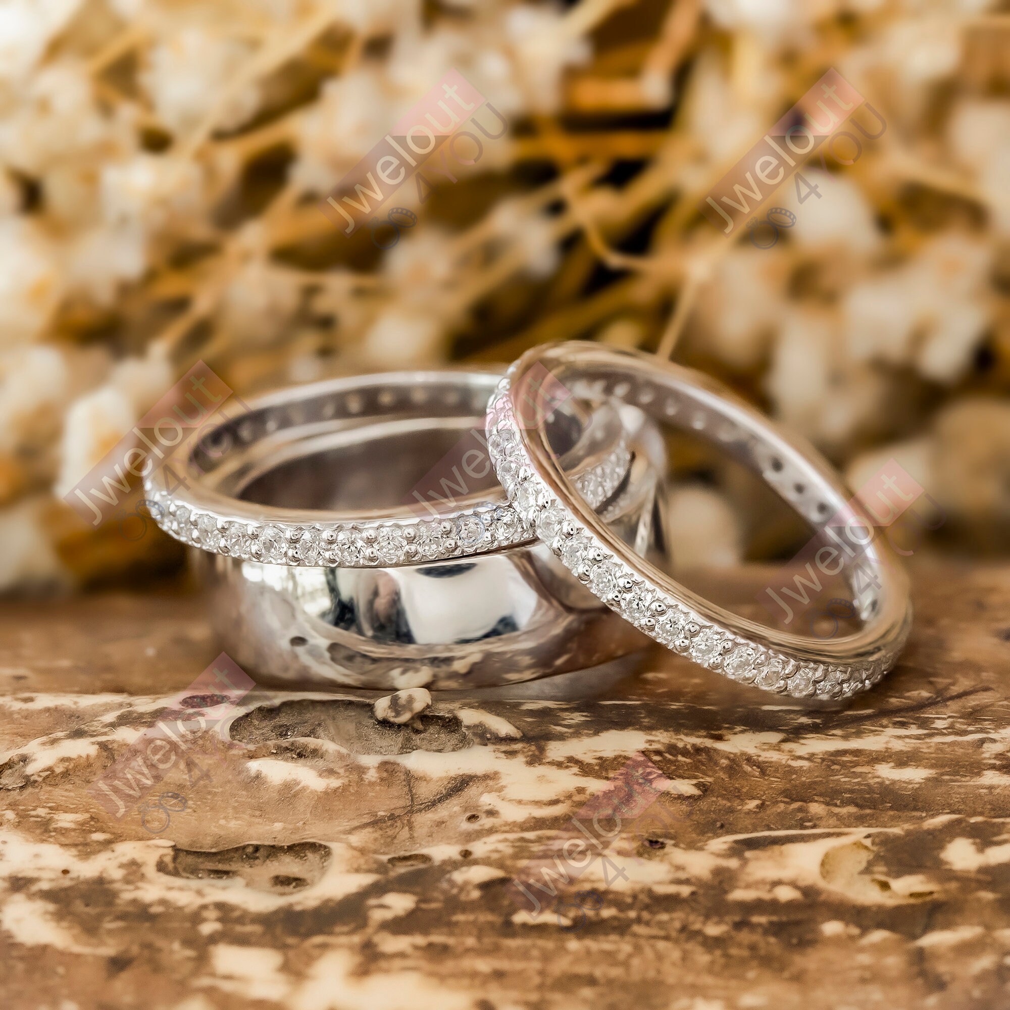 Conjunto de anillo de compromiso de oro de 14 quilates, conjunto de anillo  de boda, conjunto de anillo de pedida de mano con circonita cúbica de talla  redonda, conjunto de tres anillos,, image size:2000x2000