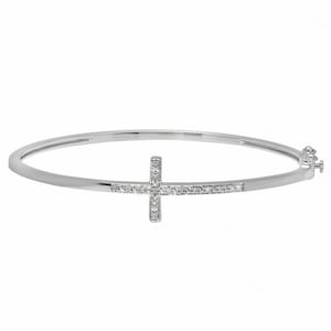 14K Gold Cross Bangle Bracelet, Religious Sideways Cross Bracelet, Round Moissanite Diamond Bracelet, Birthday Gift Bracelet, Christmas Gift