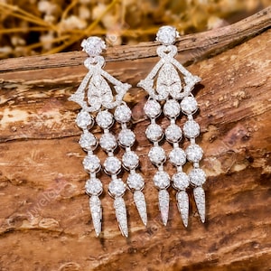 Round Moissanite Diamond Drop Dangle Earring, Push Back Art Deco Earring, Vintage Style Edwardian Earring, 14K Gold Wedding Anniversary Gift