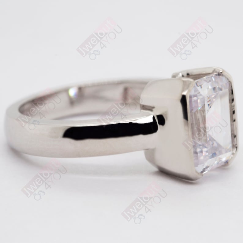 Classy Half Bezel Set Emerald Cut Moissanite Diamond Ring for Etsy