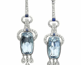 Sapphire & Aquamarine Drop Earring, Cushion CZ Stone Dangle Drop Earring, Cocktail Party Earring For Her, Antique Victorian Art Deco Earring