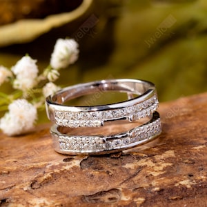 Round Moissanite Diamond Enhancer Guard Band, Wedding Engagement Band, 10K White Gold Band For Anniversary Gift, Channel Setting Band Ring