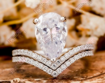 3.50 TCW Pear & Round Cut Moissanite Diamond Ring Set, Teardrop Ring With Chevron Band, Wedding Bridal Ring Set, Unique Engagement Ring Set
