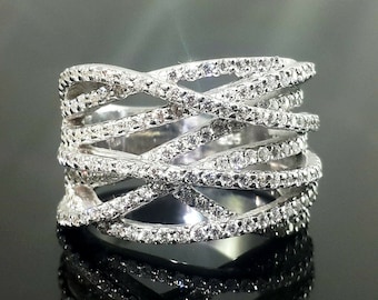 Criss Cross Ring, 1 TCW Round Cut Moissanite Diamond Ring, Multi Row Crossover Ring, Wedding Bridal Ring, Engagement Anniversary Gift Ring
