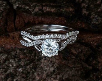 Round Cut Moissanite Diamond Wedding Ring Set, Engagement Proposal Ring Set, Half Eternity Band, Twisted Split Shank Ring, Anniversary Gift