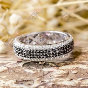 Black & White Moissanite Diamond Wedding Band, Full Eternity Men&#39;s-Women&#39;s Band, Band, Engagement Anniversary Gift, 14K Gold Stacking Band