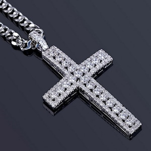 14K White Gold Religious Cross Pendant, 3.83TCW Round Moissanite Diamond Cross Pendant, Christmas Gift Pendant, Men&#39;s Wedding Gift Pendant