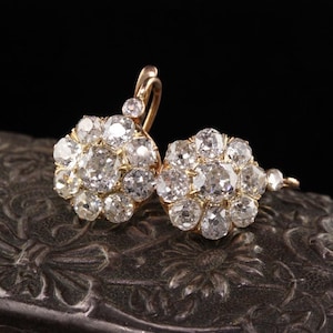Old European Cut Moissanite Diamond Dangle Earring, Floral Inspire Drop Dangle Earring, 14K Yellow Gold Lever Back Earring, Christmas Gift
