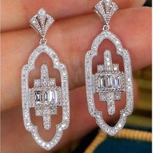 Antique Retro Drop Earring, Round & Baguette Cut CZ Stone Drop Earring, Art Deco Drop Earring, Woman&#39;s White Gold Earring, Wedding Earring