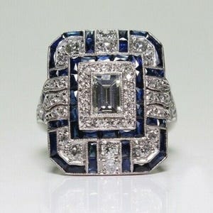 Anello Art Déco con pietra smeraldo e zirconi cubici, anello in stile vintage con filigrana antica, anello edoardiano con alone di zaffiro, anello da sera, anello di fidanzamento per lei