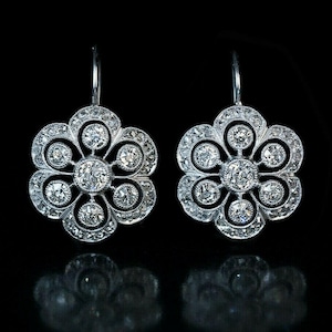 Circa 1910&#39;s Art Deco Floral Drop Earring, Round Moissanite Diamond Dangle Drop Earrings, Lever Back Earring, Wedding Engagement Earring