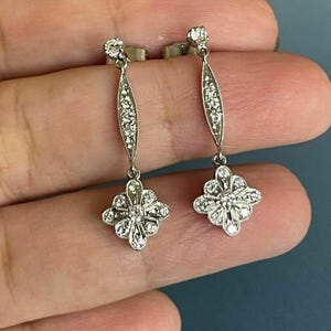 Antique Floral Inspire Drop Earring, Round Cut Moissanite Diamond Art Deco Earring, 925 Silver & Gold Vintage Style Earring, Christmas Gift