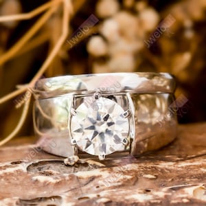 Round Moissanite Diamond Engagement Ring Set, Anniversary Ring Set, Bridal Ring Set, Solitaire Ring With Plain Band, Wedding Promise Ring