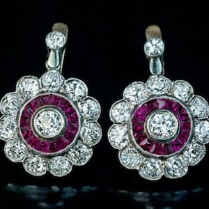 Antique Floral Inspire Dangle Earring, Old European & Ruby Baguette Cut CZ Stone Drop Earring, Double Halo Drop Earring, Latch Back Earring