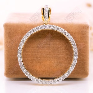 Gold Coin Frame Pendant, Solid Gold Bezel Set Moissanite Diamond Circle Pendant, Men-Women's Charm Pendant, 1 Troy OZ Custom Pendant