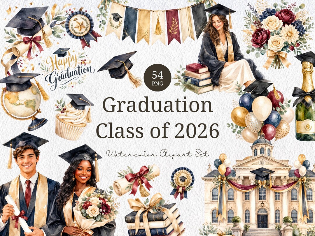 Graduation Class of 2026 Watercolor PNG Clipart Bundle - Etsy