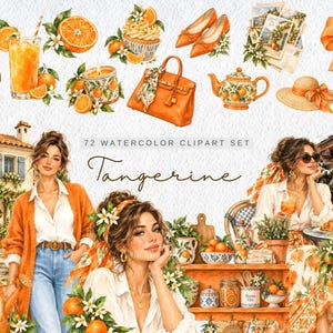 Op de afbeelding: Een digitale aquarel clipart set getiteld 72 Watercolor Clipart Set Tangerine met illustraties van sinaasappels, citrusdrankjes, een cupcake, oranje schoenen, een handtas, een theepot, een zonnehoed, een strik en scènes met personen.