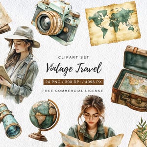 24 Watercolor Vintage Travel Clipart Set | Retro Adventure Graphics Pack |Travel Ephemera | Boho travel art | Suitcase Maps Passport Antique