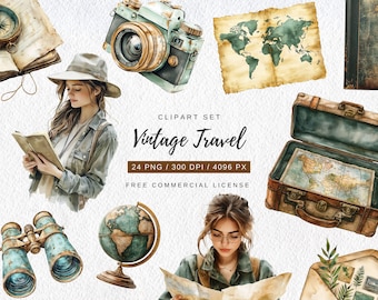 Retro Travel Watercolor Clipart Set, Adventure Digital Graphics