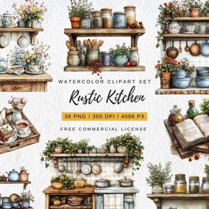 36 Watercolor Rustic Kitchen Clipart Set - High-Resolution book shelves  Illustrations for Digital Download, Commercial, Scrapbook & Print
