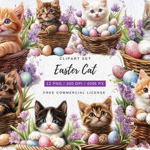 12 adorables cliparts de chatons de Pâques – parfaits pour les travaux manuels et les cadeaux, commerciaux, scrapbooking et impression