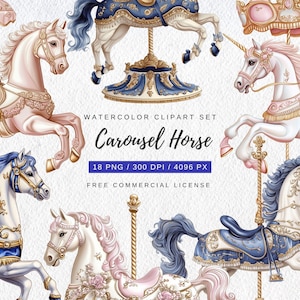 Akvarell karusell häst clipart-paket: Toile de Jouy PNG (digital nedladdning)