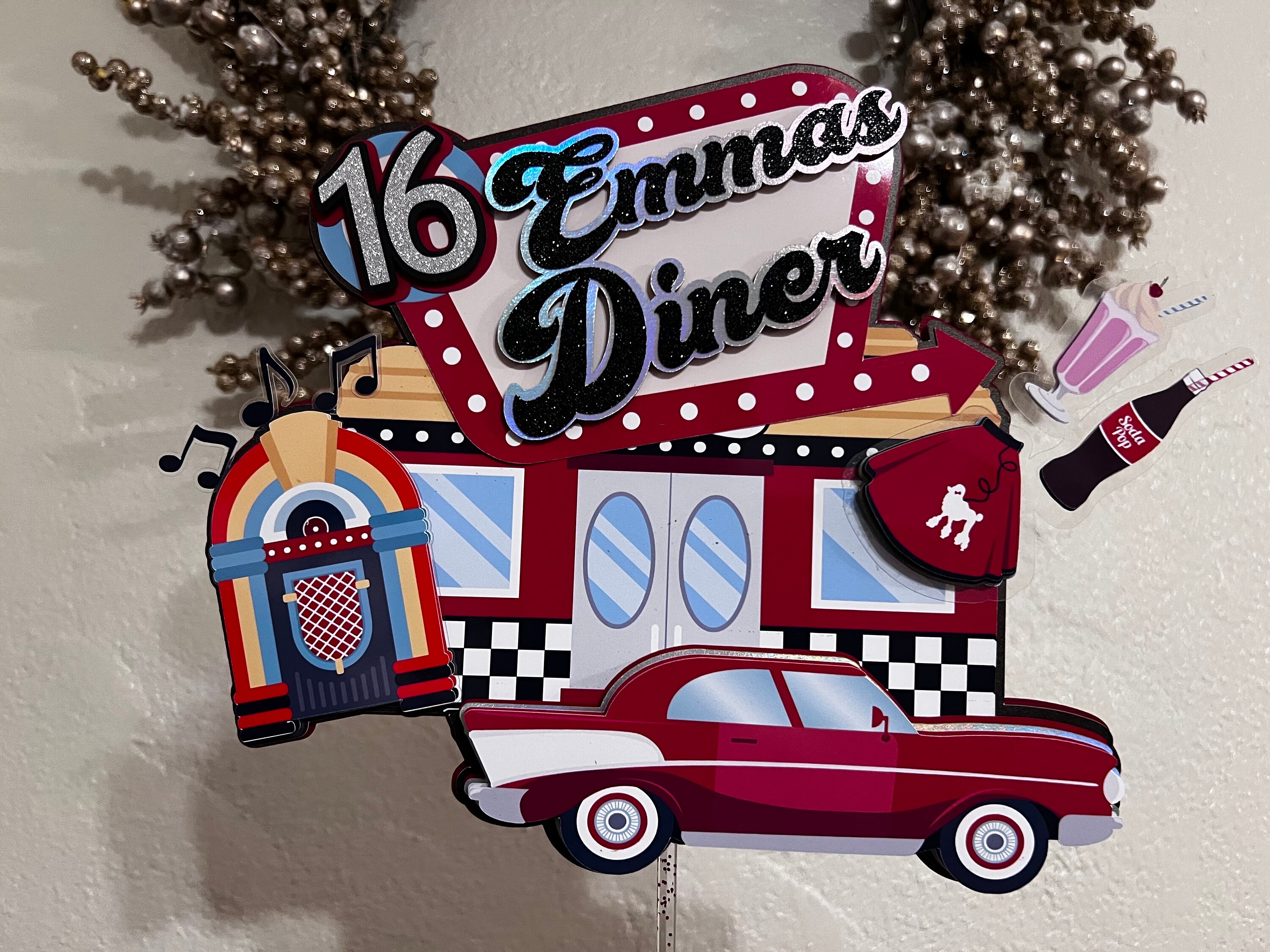 50s Cake Topper. Juke Box, Poodle Skirt, Diner| Party Favors, Cupcake Toppers, Gable Boxes| All Colors Welcomed!