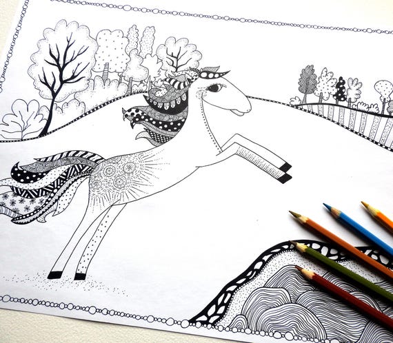 Download Printable Whimsical Horse Coloring Page For Kids Or Adults Etsy