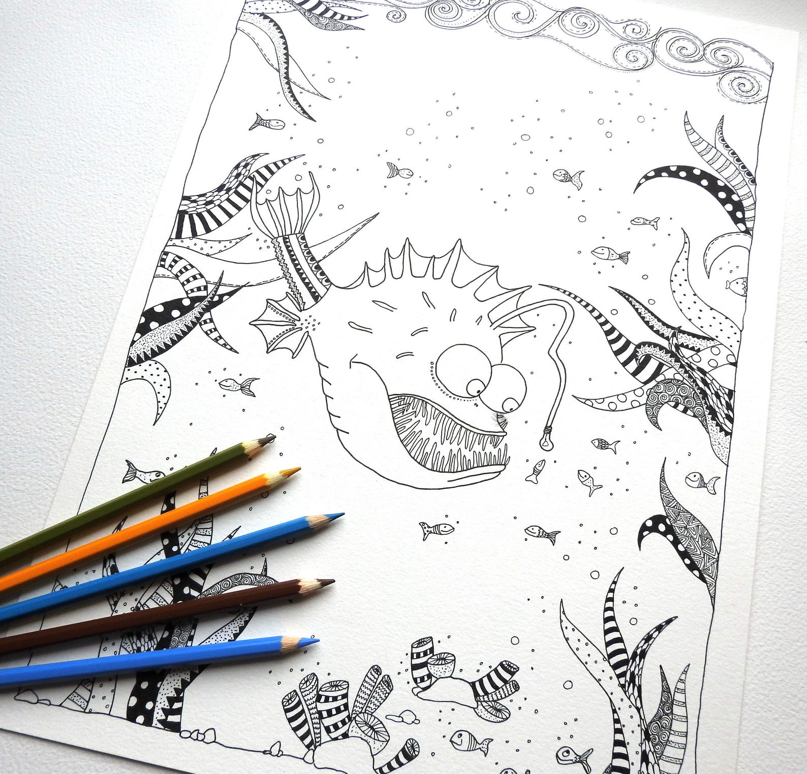 Printable Angler Fish Coloring Page for Kids or Adults | Etsy
