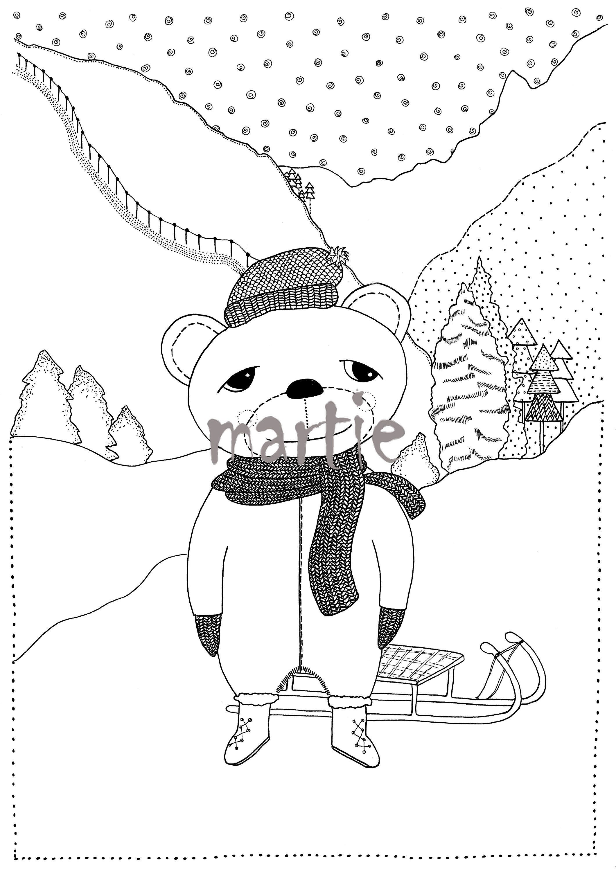 Printable Winter Bear Coloring Page for Kids or Adults | Etsy