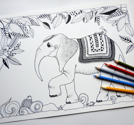 Download Printable Elephant Coloring Page For Kids Or Adults Instant Etsy