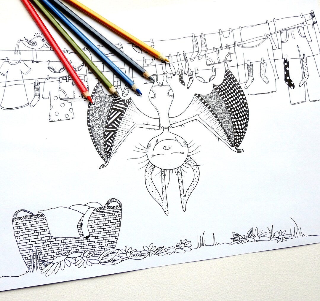 Printable Cute Hanging Bat Coloring Page for Kids or Adult Etsy