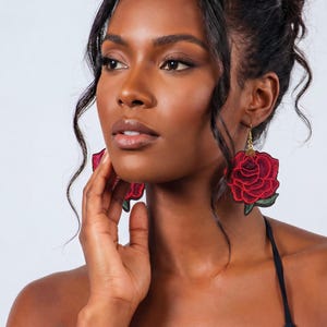 Embroidered Red Rose Statement Earrings – Floral Patch Jewelry