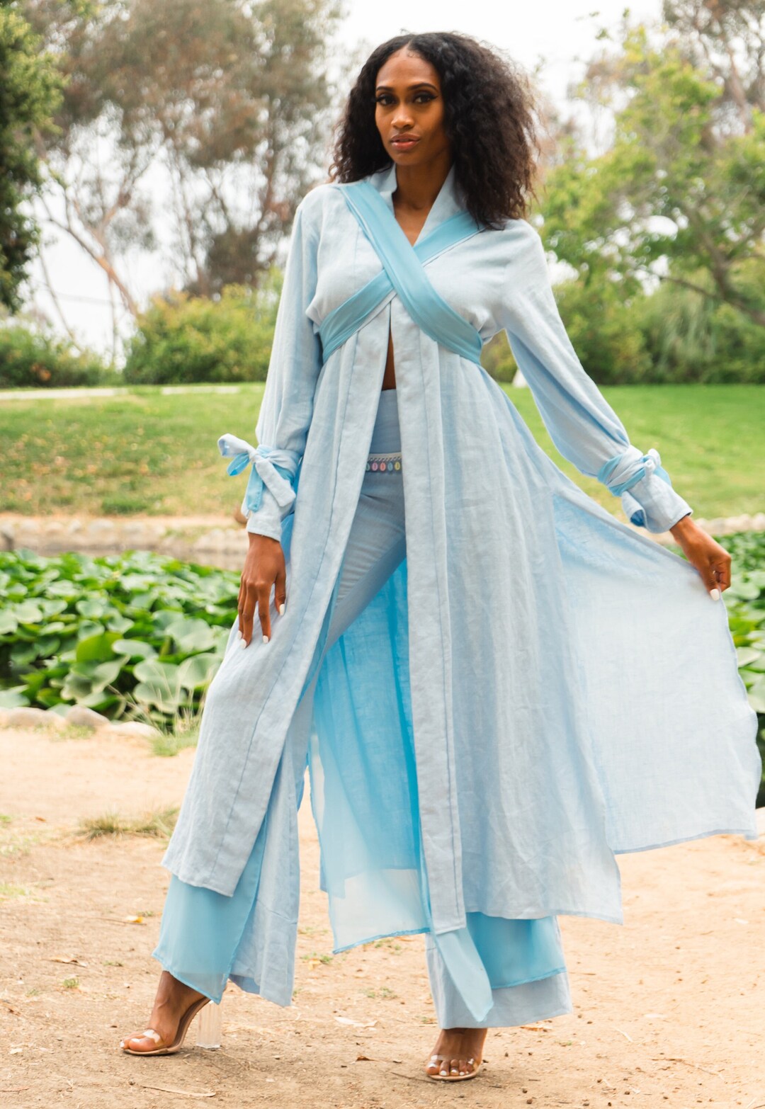 Sky Blue Pattern Robe Coastal Breeze Robe W Butterfly Appliqué / Sky Blue Robe/ Organic Linen ...