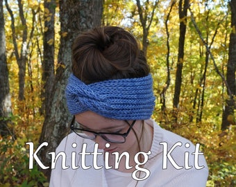 Twisted headband knitting kit/ merino wool / messy bun headband / knitted ear warmer / Malabrigo yarn, printed pattern, knitting needles