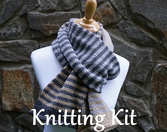 Striped scarf knitting kit / DIY scarf kit / printed pattern / yarn / knitting needles / stitch marker