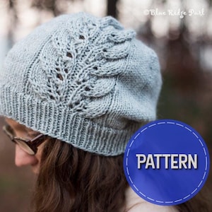 Slouchy hat knitting pattern, basic knit slouchy hat pattern, hat with leaf lace detail, PDF download knitting pattern